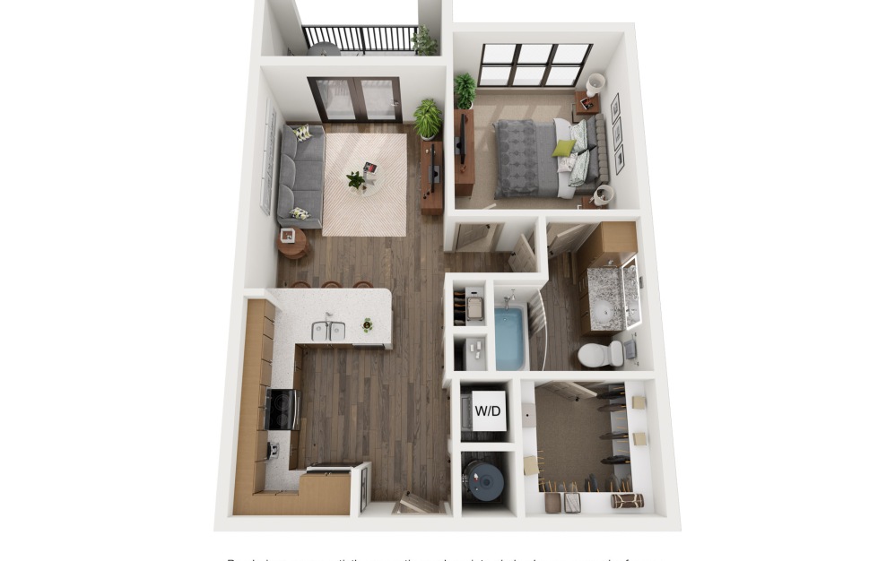 A1 - 1 bedroom floorplan layout with 1 bathroom and 689 square feet (3D)