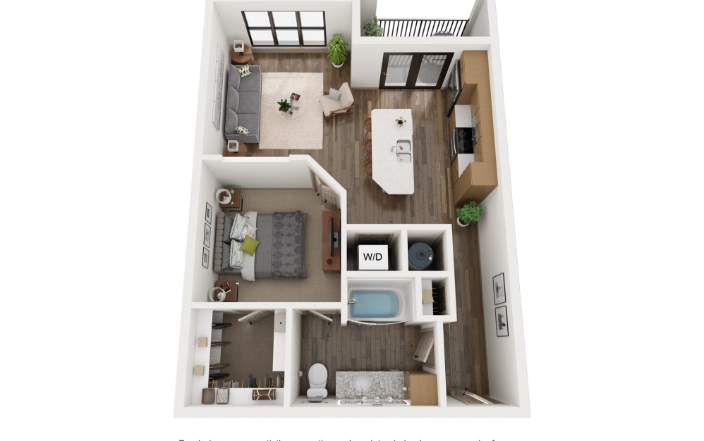 A2 - 1 bedroom floorplan layout with 1 bathroom and 747 square feet (3D)