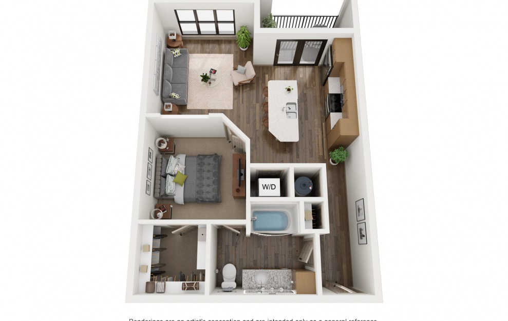 A2 - 1 bedroom floorplan layout with 1 bath and 747 square feet. (3D)