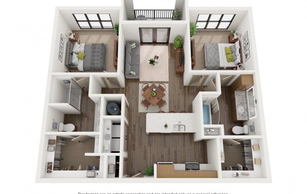 B1 - 2 bedroom floorplan layout with 2 baths and 1071 square feet. (3D)