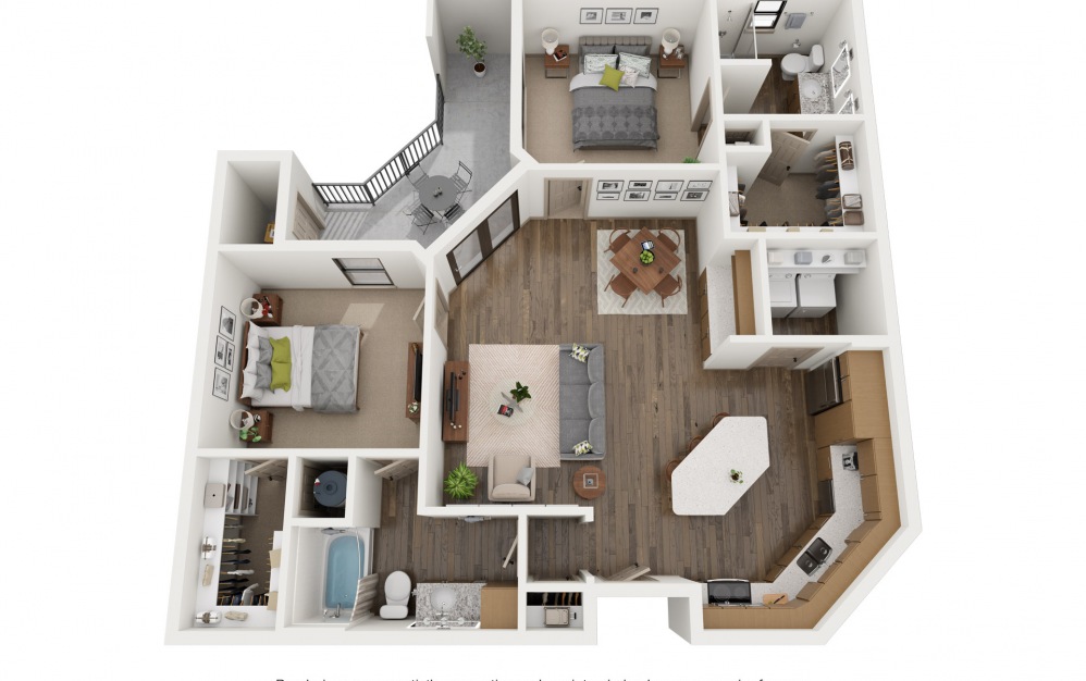 B2 - 2 bedroom floorplan layout with 2 baths and 1209 square feet. (2D)