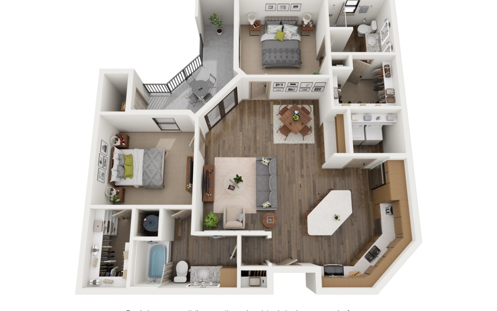 B2 - 2 bedroom floorplan layout with 2 bathrooms and 1209 square feet (3D)