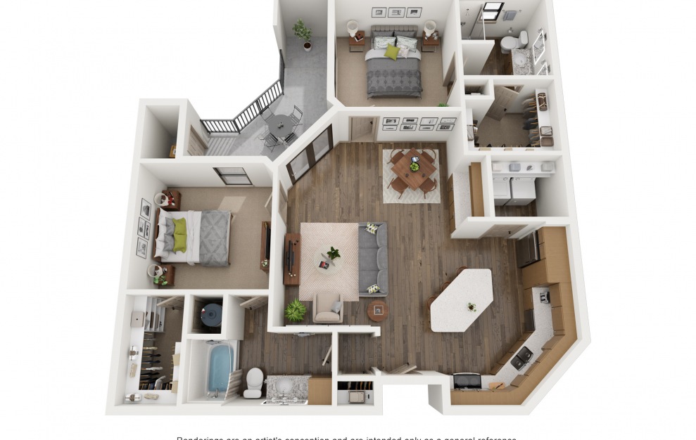 B2 - 2 bedroom floorplan layout with 2 baths and 1209 square feet. (3D)