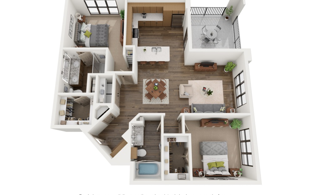 B3 - 2 bedroom floorplan layout with 2 bathrooms and 1217 square feet (3D)