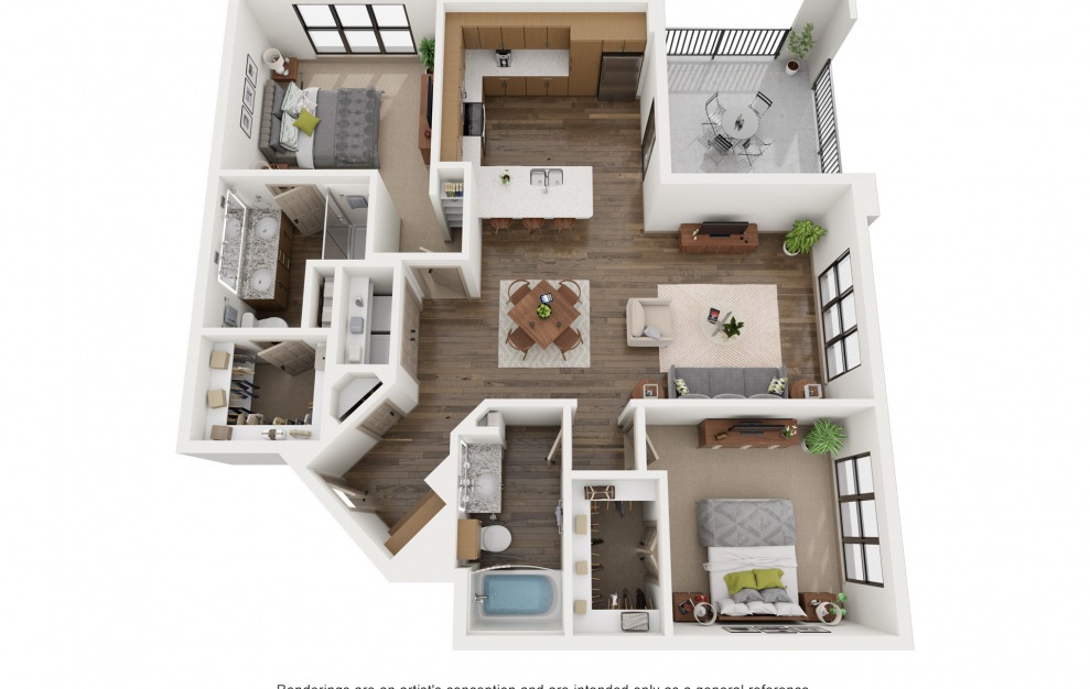 B3 - 2 bedroom floorplan layout with 2 baths and 1217 square feet. (3D)