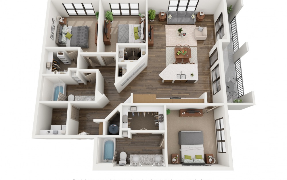 C1 - 3 bedroom floorplan layout with 2 baths and 1422 square feet. (2D)