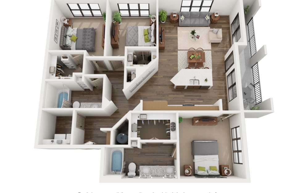 C1 - 3 bedroom floorplan layout with 2 bathrooms and 1422 square feet (3D)